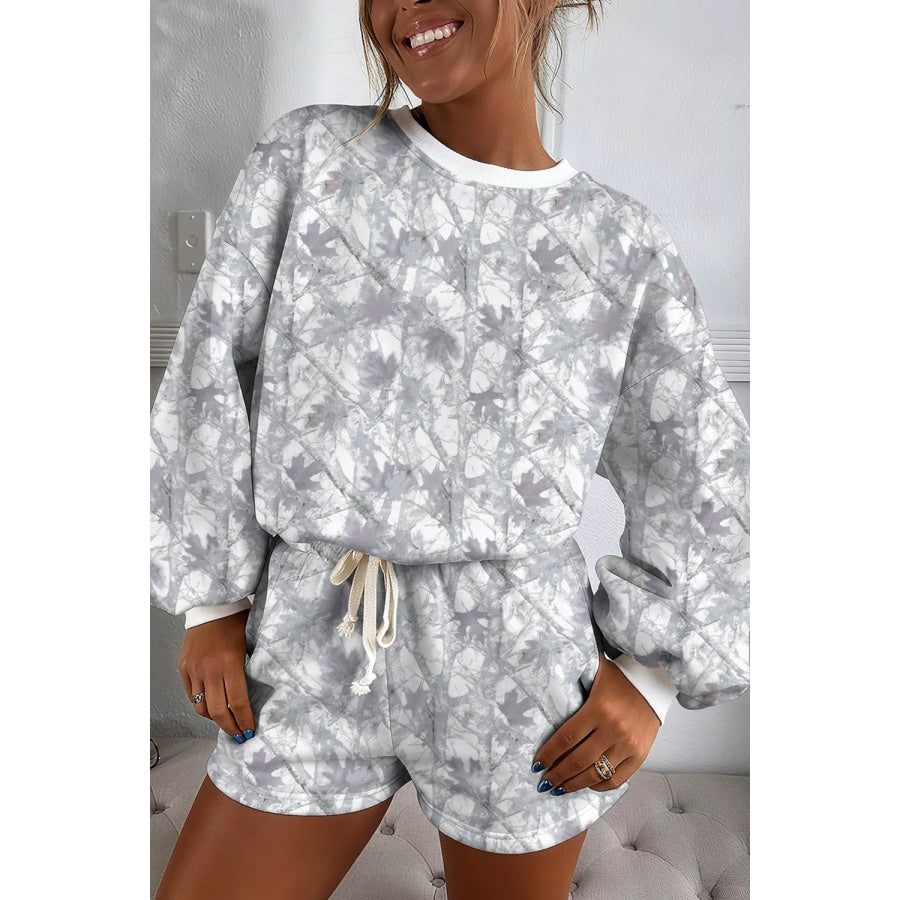 Abstract Woodland Camo Print Baggy Pullover Drawstring Shorts Set Light Gray / S Apparel and Accessories