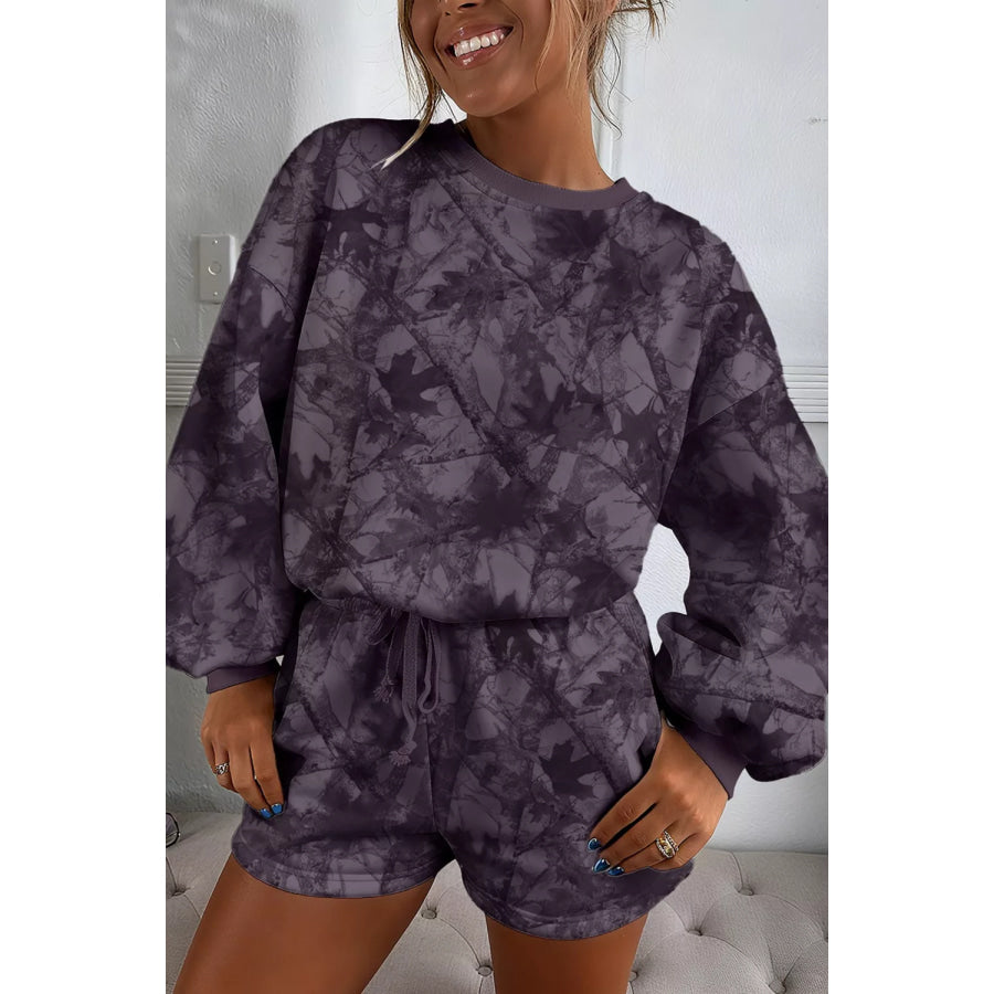 Abstract Woodland Camo Print Baggy Pullover Drawstring Shorts Set Olive Brown / S Apparel and Accessories