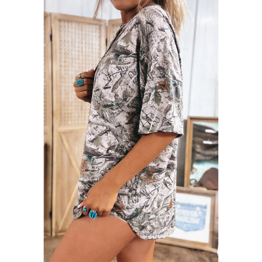 Abstract Woodland Print Tunic Henley T Shirt Apparel and Accessories