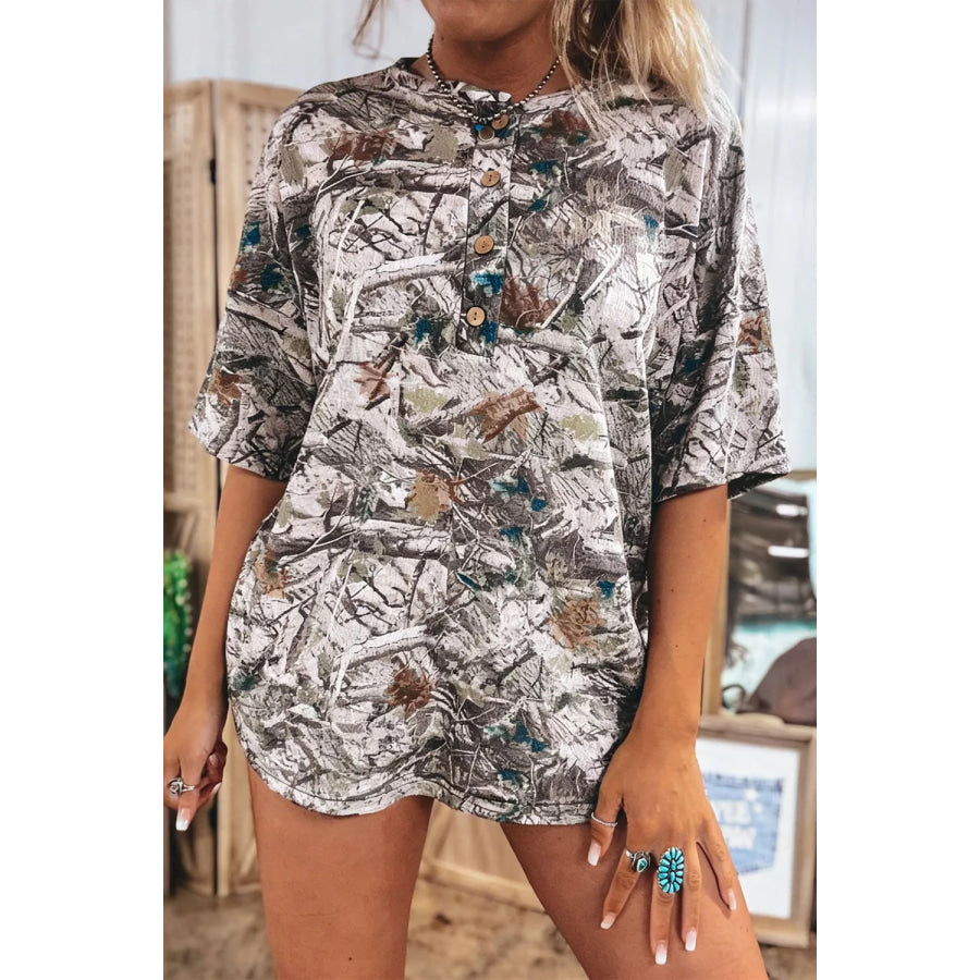 Abstract Woodland Print Tunic Henley T Shirt Apparel and Accessories