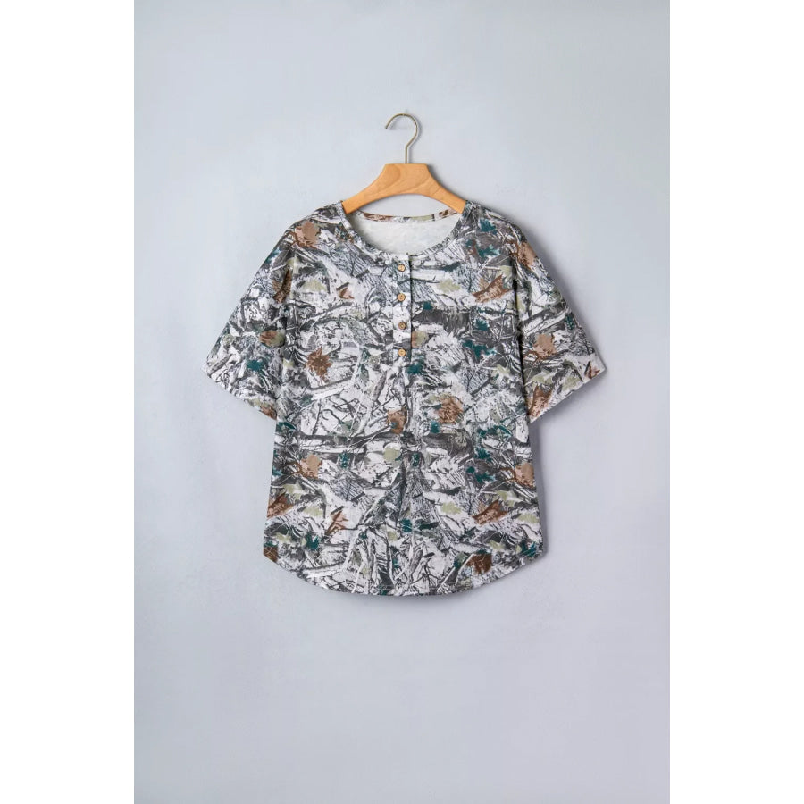 Abstract Woodland Print Tunic Henley T Shirt Apparel and Accessories