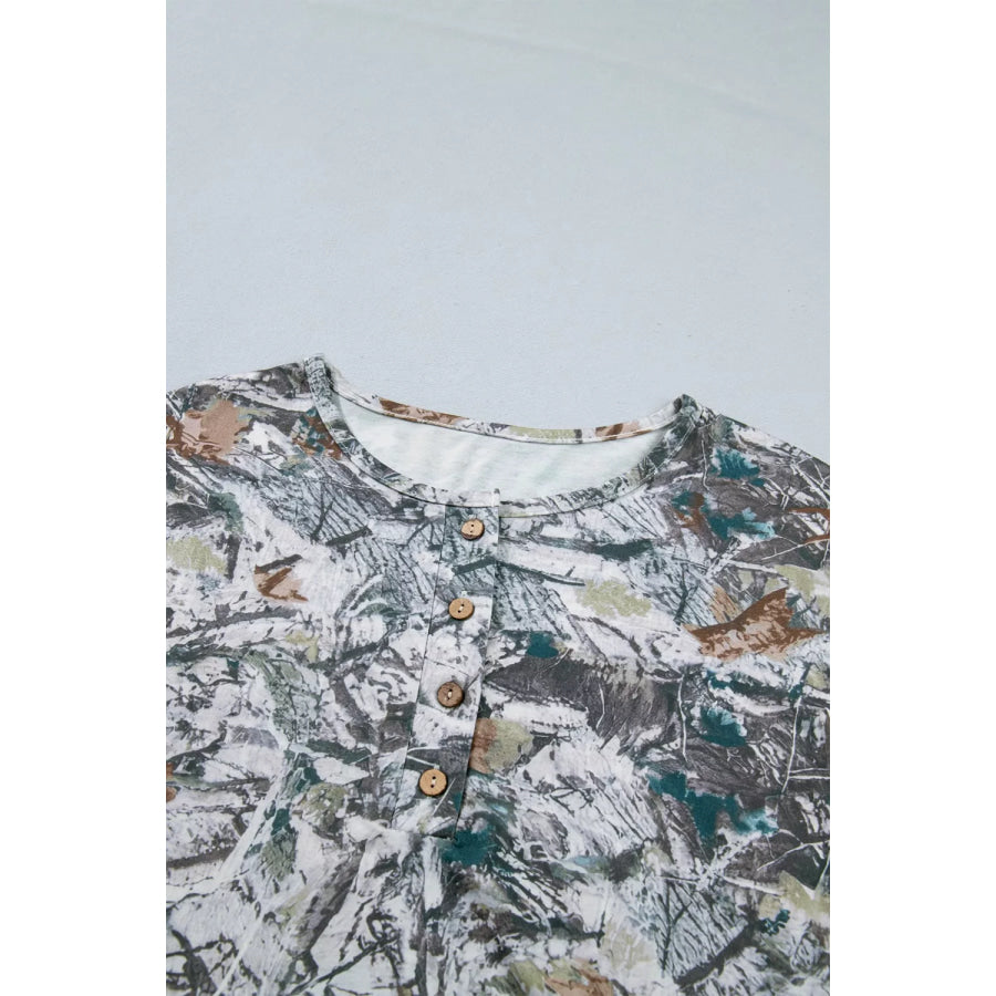 Abstract Woodland Print Tunic Henley T Shirt Apparel and Accessories