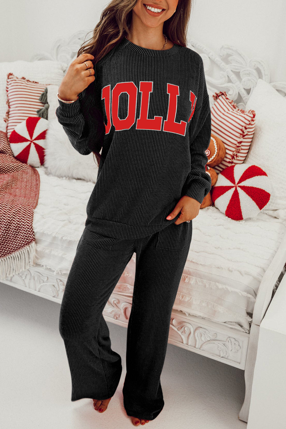 Fiery Red JOLLY Corded Long Sleeve Top and Pockets Pants Set