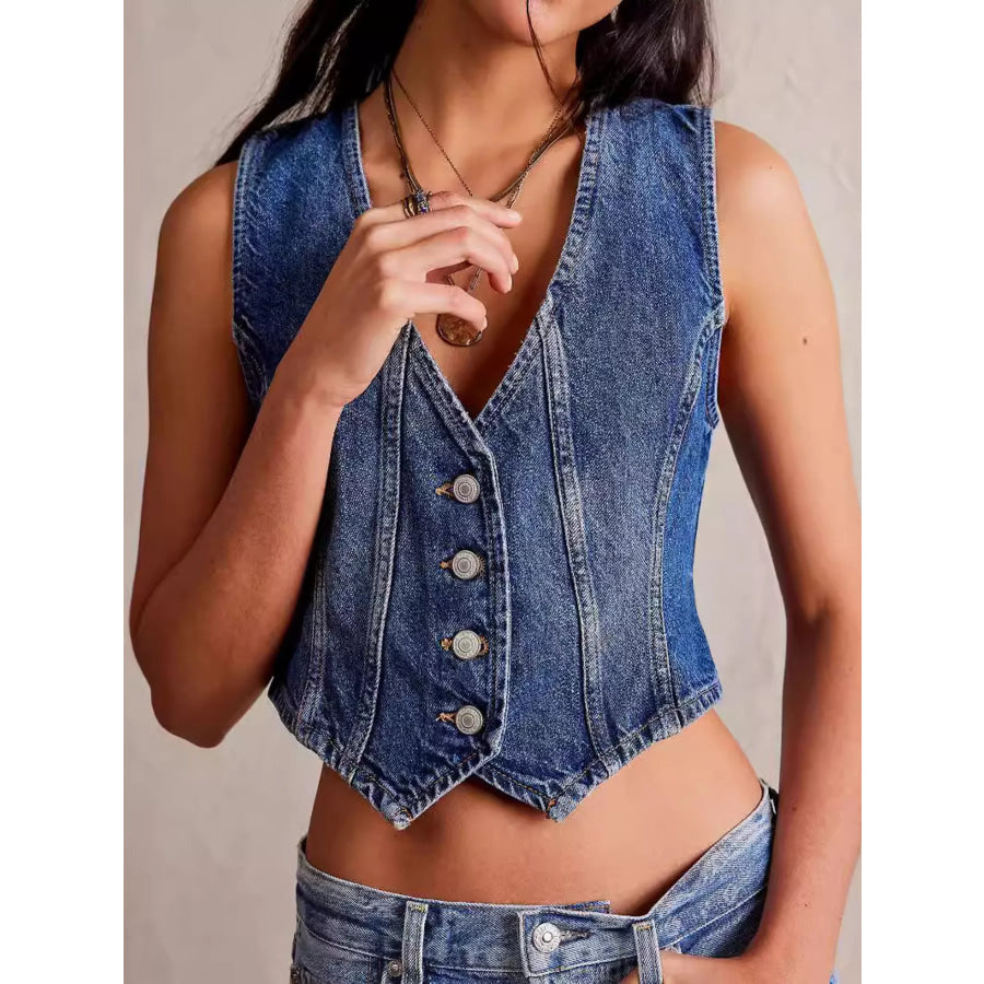 Acid Wash Button Up Denim Vest Dark Blue / S Apparel and Accessories