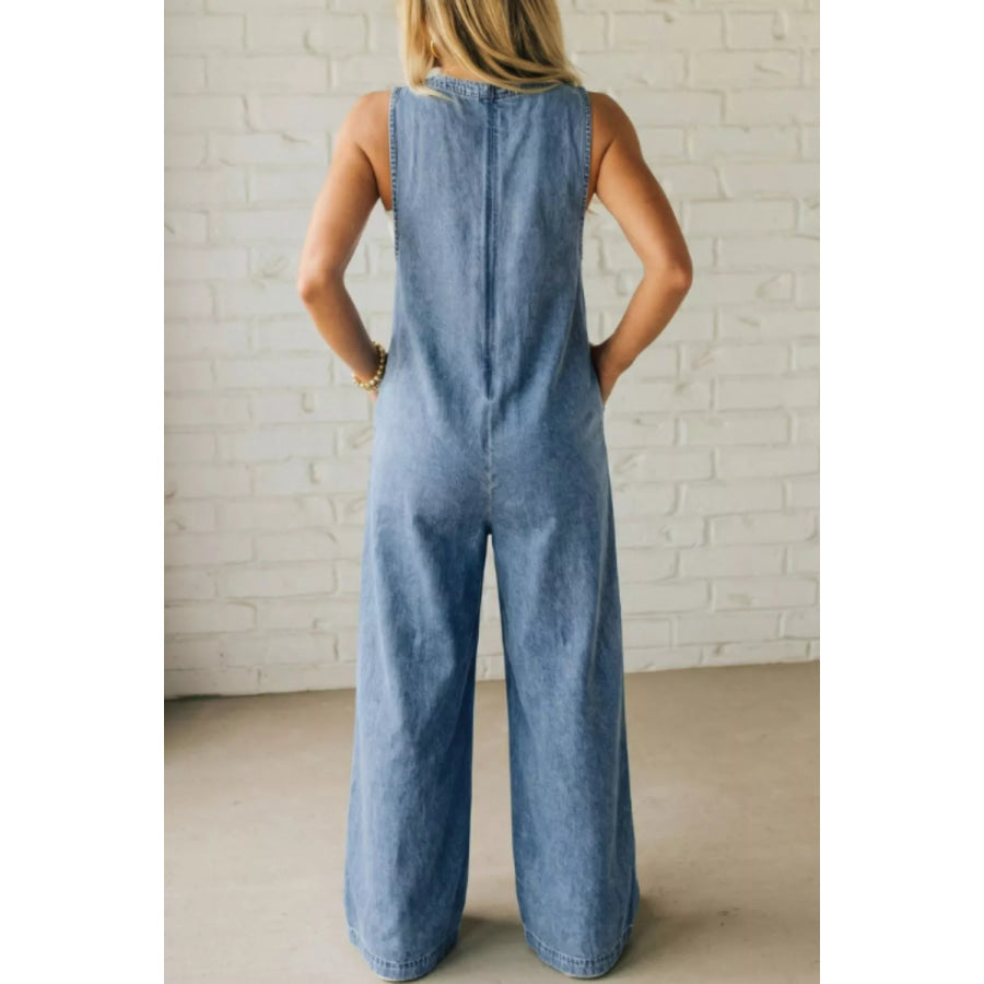 Acid Wash Pintuck Tie V Neck Denim Wide Leg Jumpsuit Dusty Blue / S Apparel and Accessories