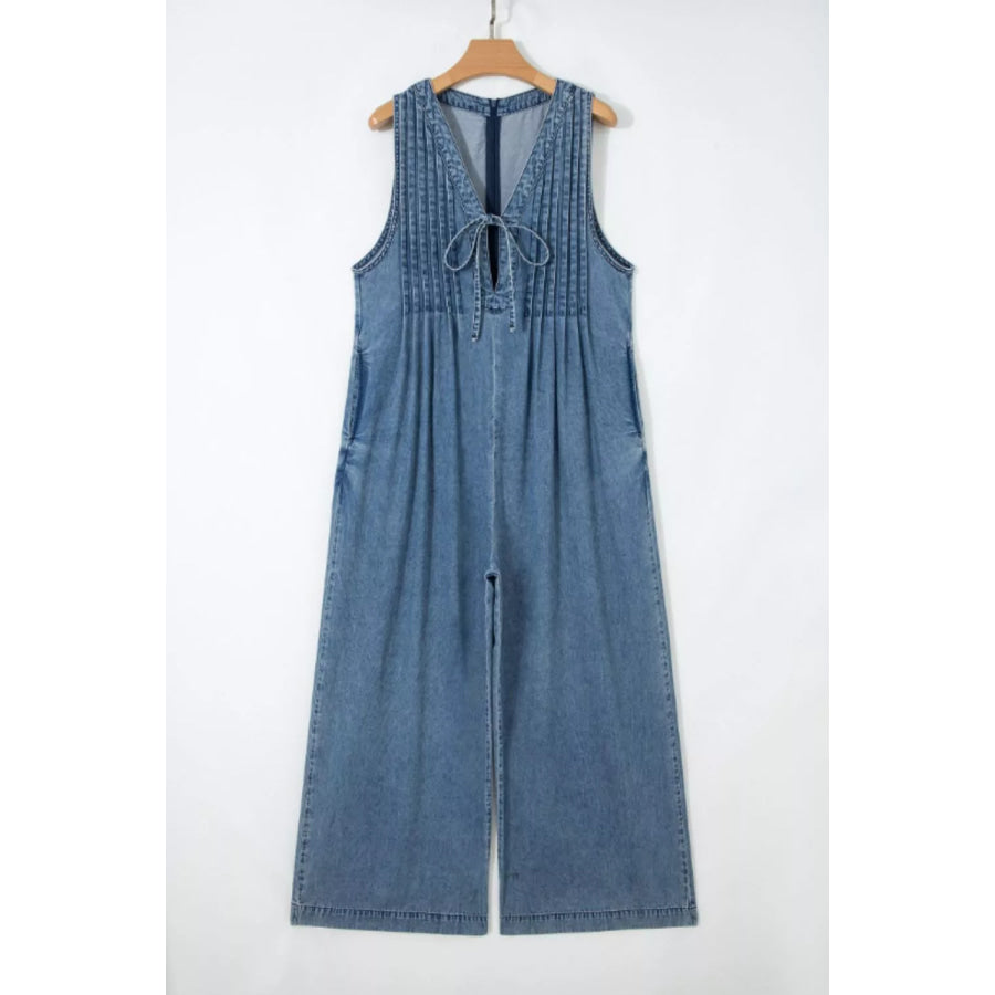 Acid Wash Pintuck Tie V Neck Denim Wide Leg Jumpsuit Apparel and Accessories