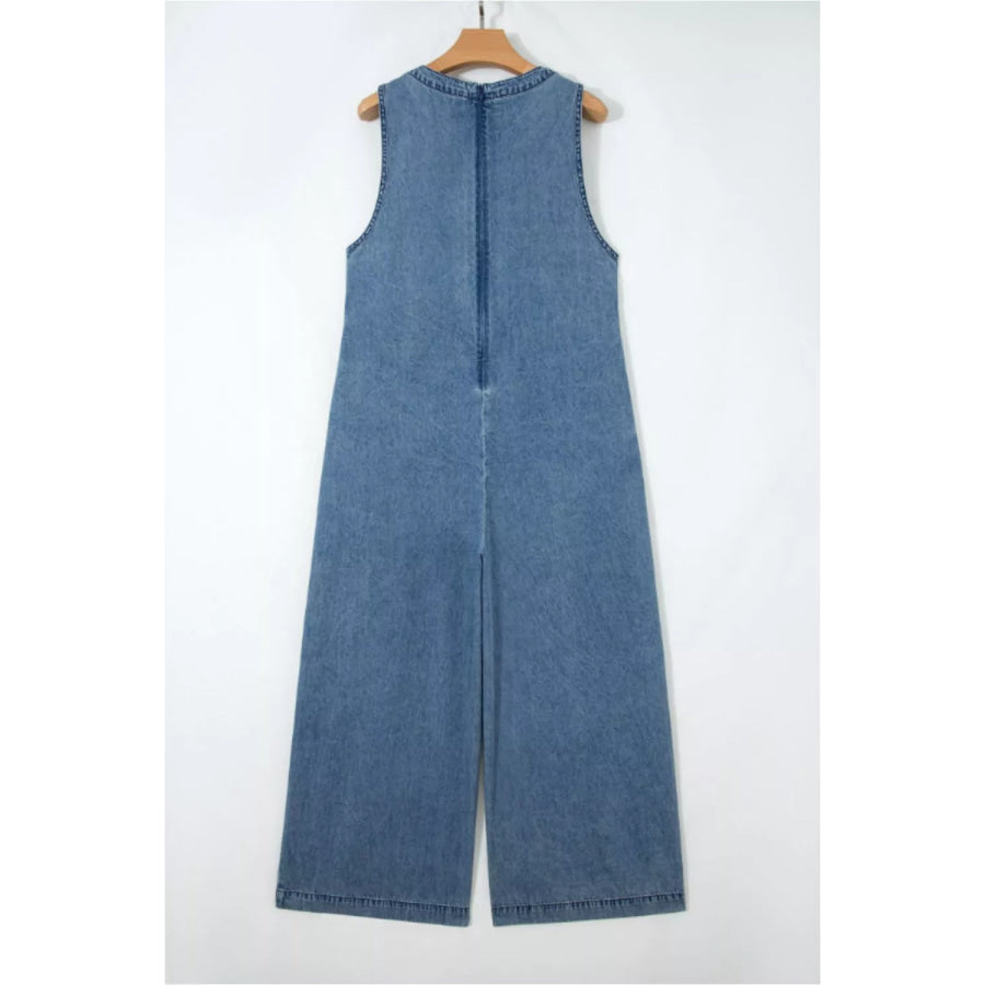 Acid Wash Pintuck Tie V Neck Denim Wide Leg Jumpsuit Apparel and Accessories