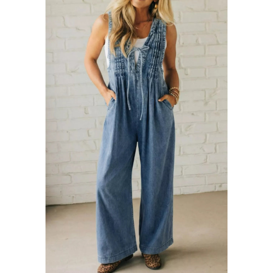 Acid Wash Pintuck Tie V Neck Denim Wide Leg Jumpsuit Dusty Blue / S Apparel and Accessories