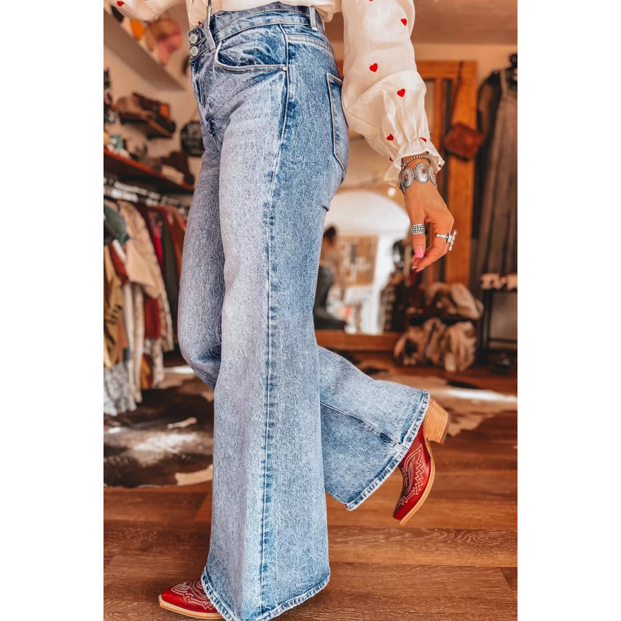 Acid Wash Pocket Detail Flare Jeans Apparel and Accessories