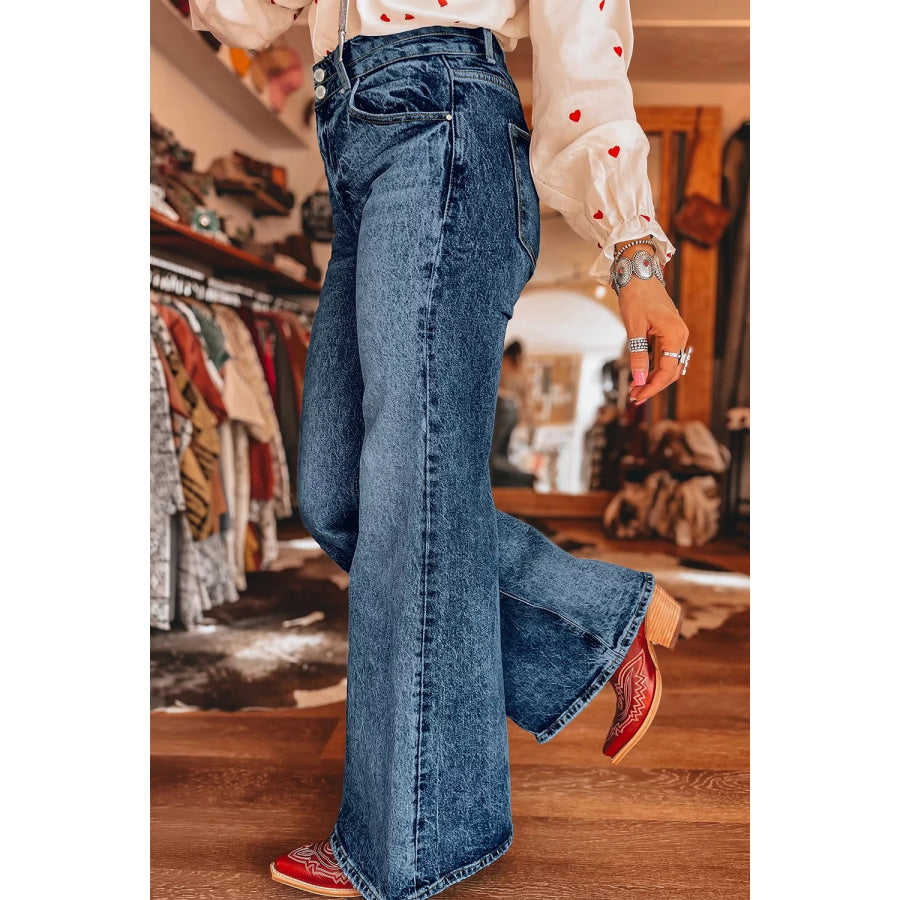 Acid Wash Pocket Detail Flare Jeans Apparel and Accessories