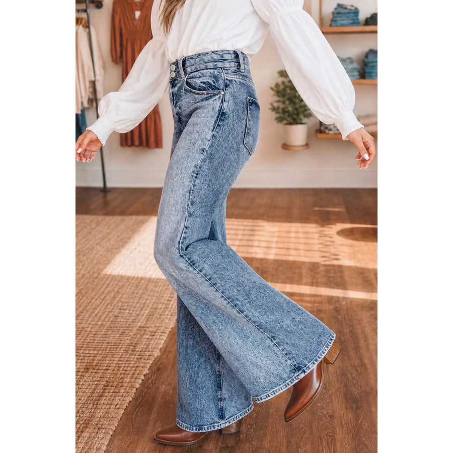 Acid Wash Pocket Detail Flare Jeans Apparel and Accessories