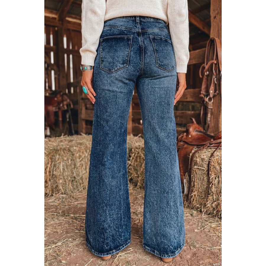 Acid Wash Pocket Detail Flare Jeans Apparel and Accessories