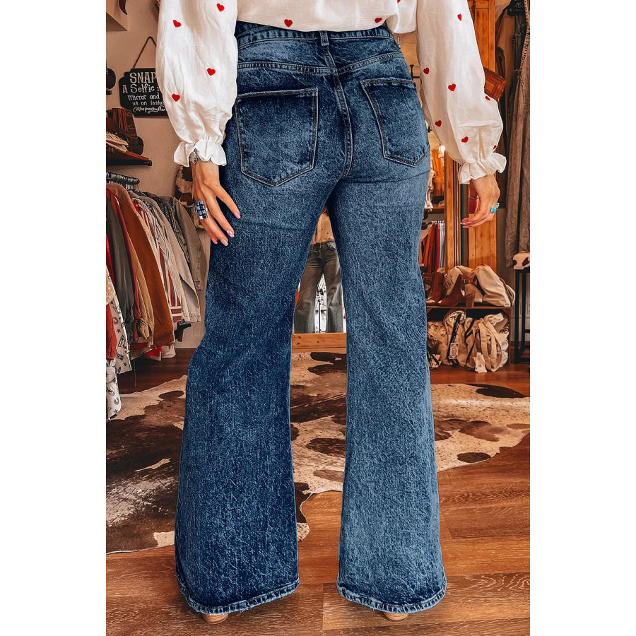 Acid Wash Pocket Detail Flare Jeans Apparel and Accessories