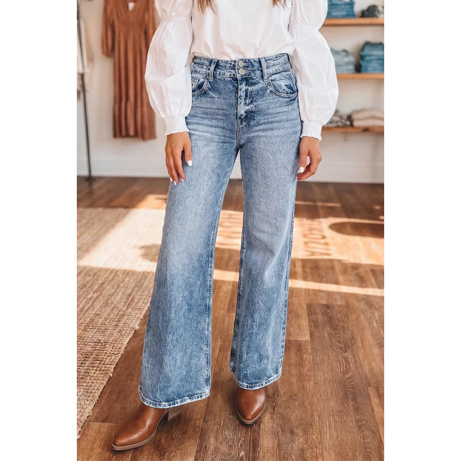 Acid Wash Pocket Detail Flare Jeans Apparel and Accessories