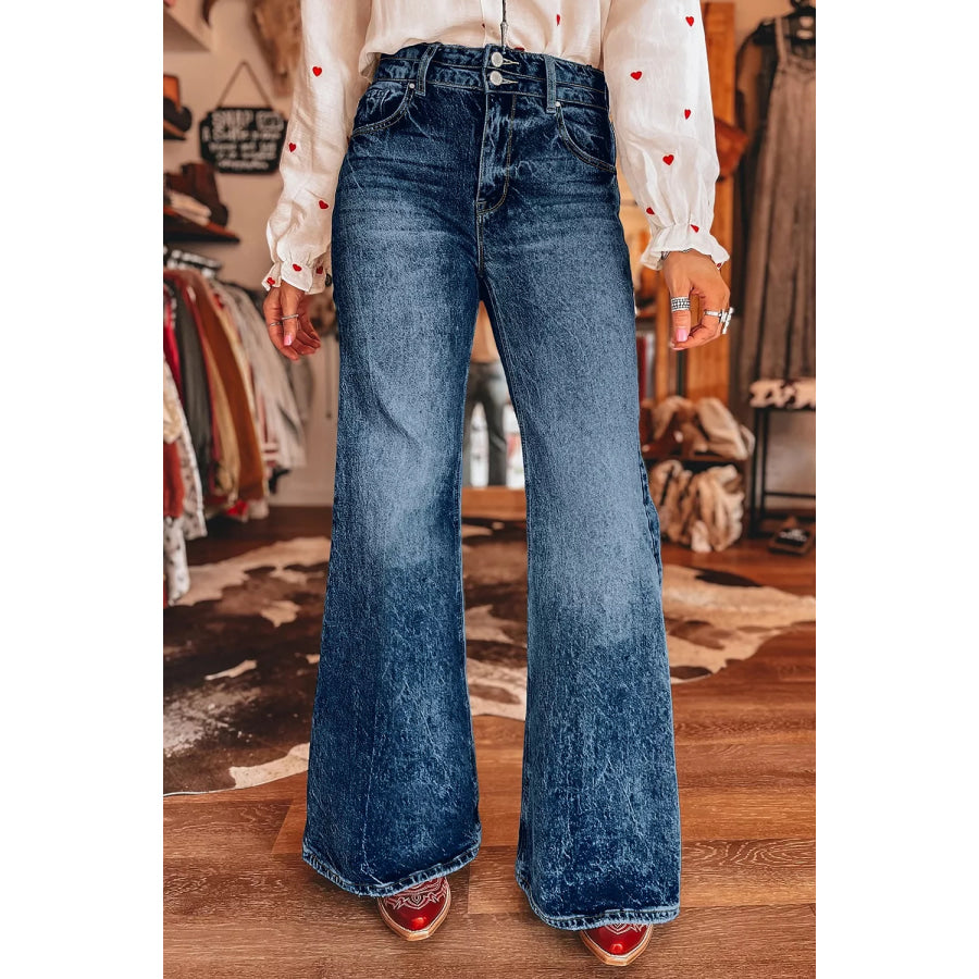 Acid Wash Pocket Detail Flare Jeans Apparel and Accessories