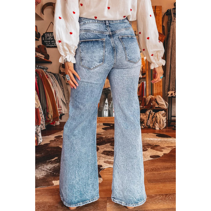 Acid Wash Pocket Detail Flare Jeans Apparel and Accessories