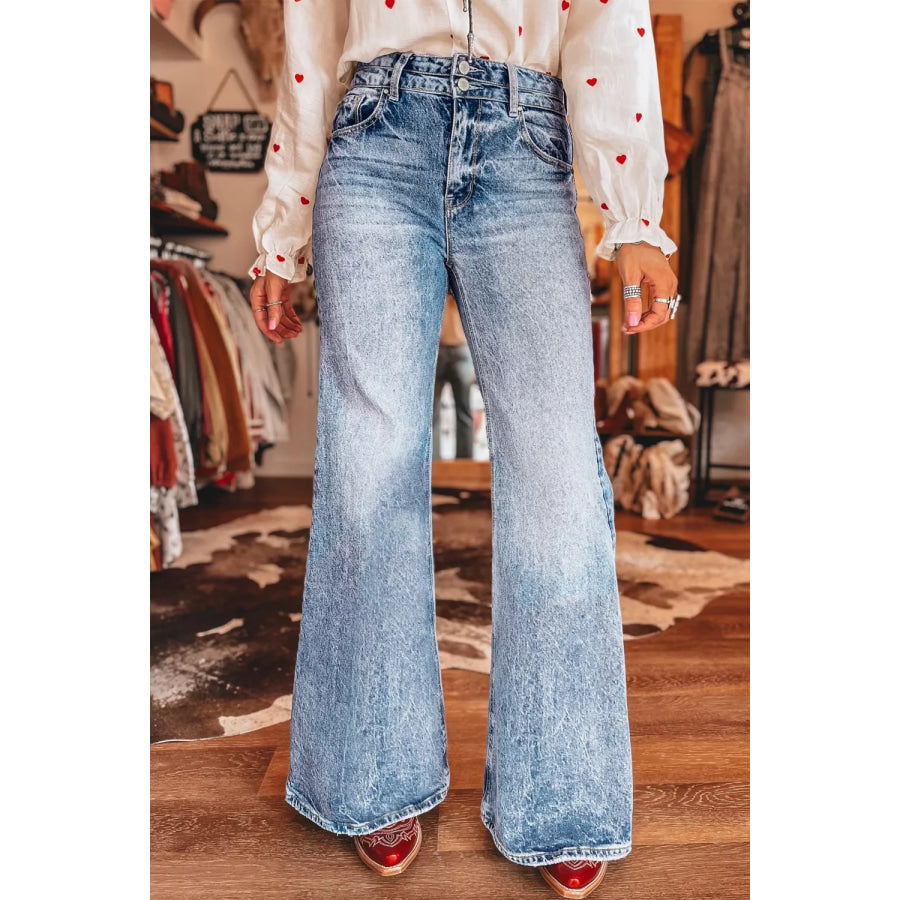 Acid Wash Pocket Detail Flare Jeans Light Blue / 4 Apparel and Accessories