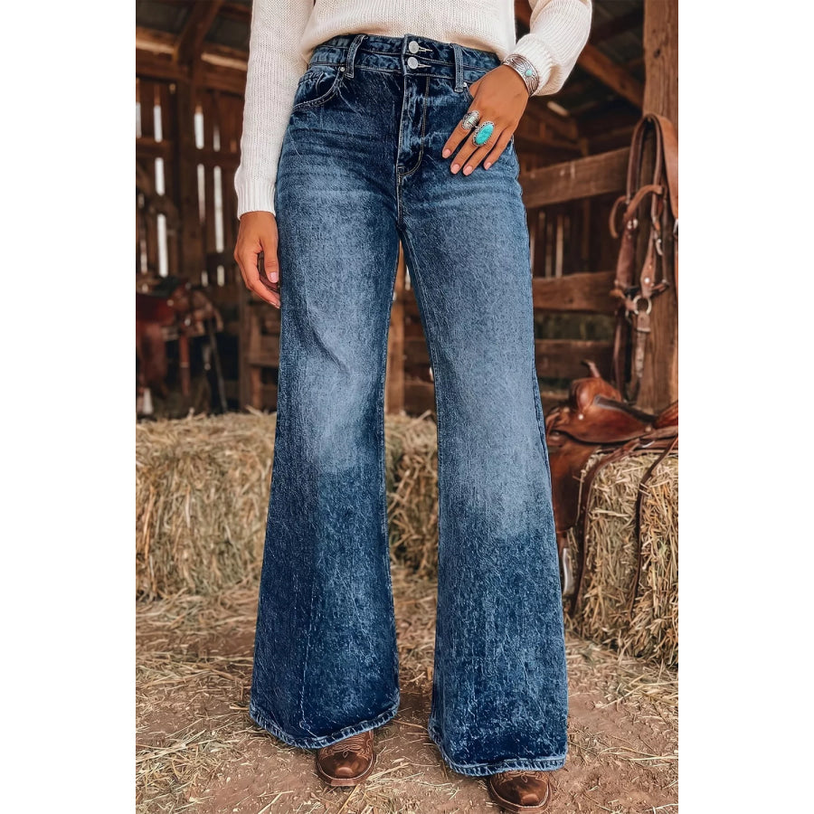 Acid Wash Pocket Detail Flare Jeans Navy / 4 Apparel and Accessories