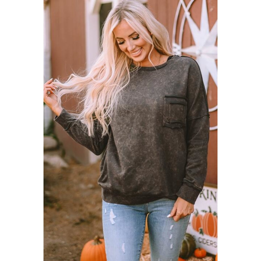 Acid Wash Round Neck Dropped Shoulder Sweatshirt