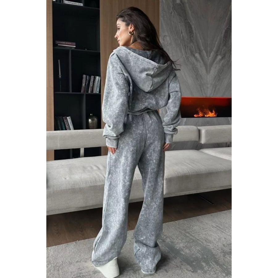 Acid Wash Zip-Up Hoodie and Wide-Leg Sweatpants Set Apparel Accessories