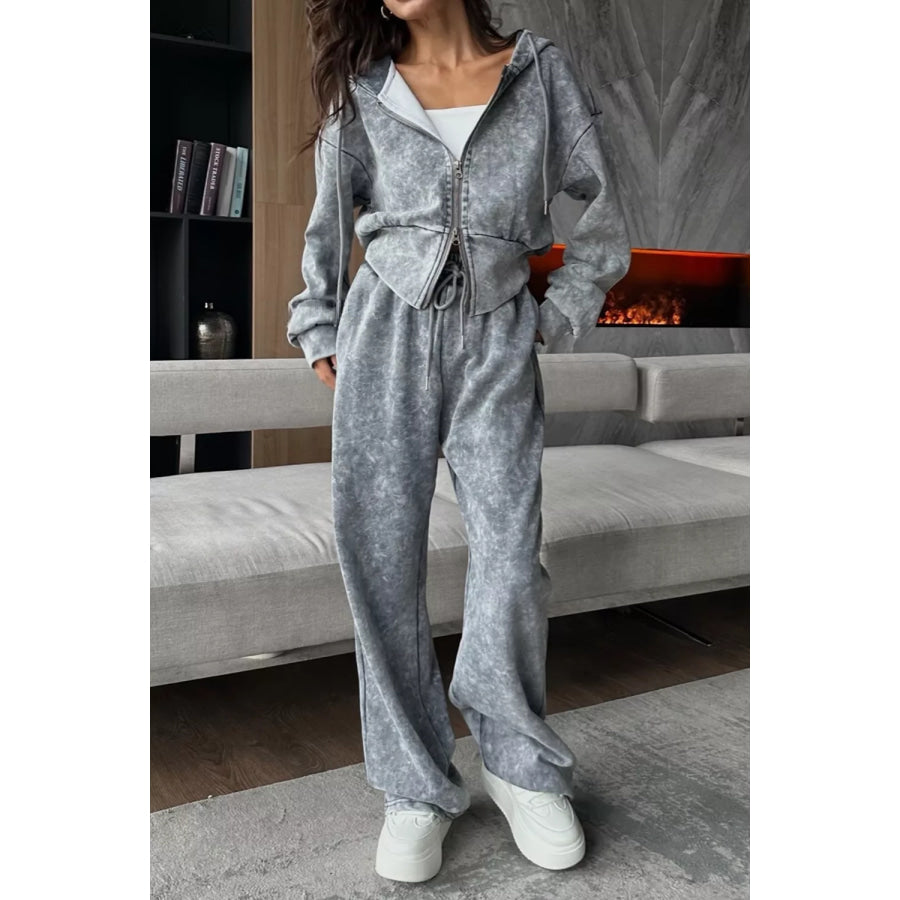 Acid Wash Zip-Up Hoodie and Wide-Leg Sweatpants Set Apparel Accessories