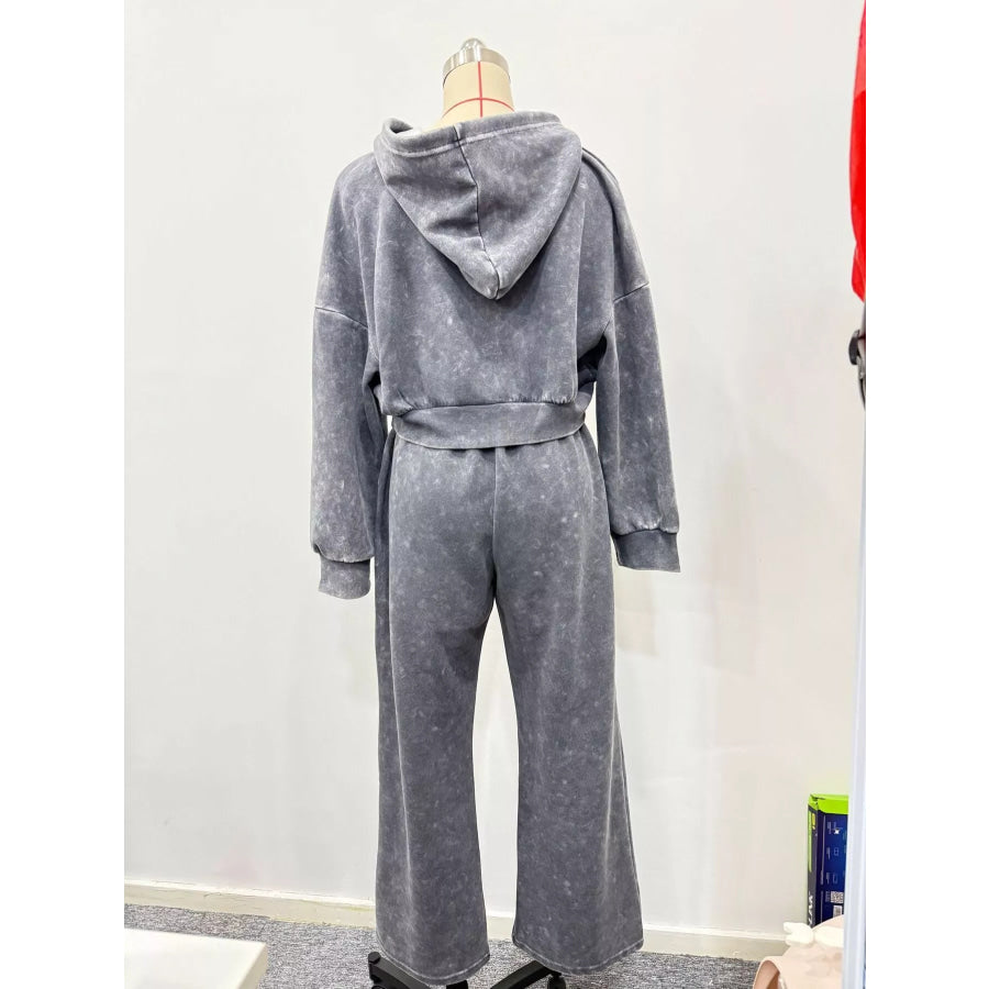 Acid Wash Zip-Up Hoodie and Wide-Leg Sweatpants Set Apparel Accessories