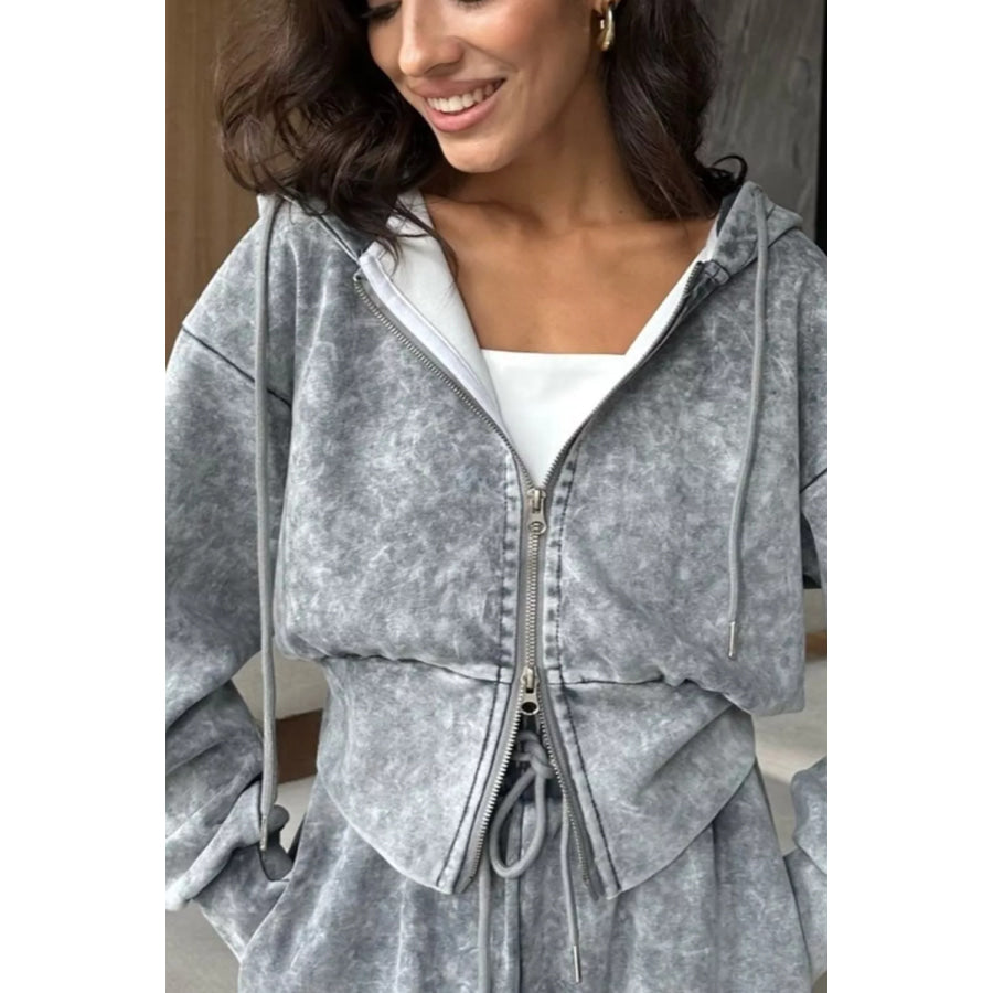 Acid Wash Zip-Up Hoodie and Wide-Leg Sweatpants Set Apparel Accessories