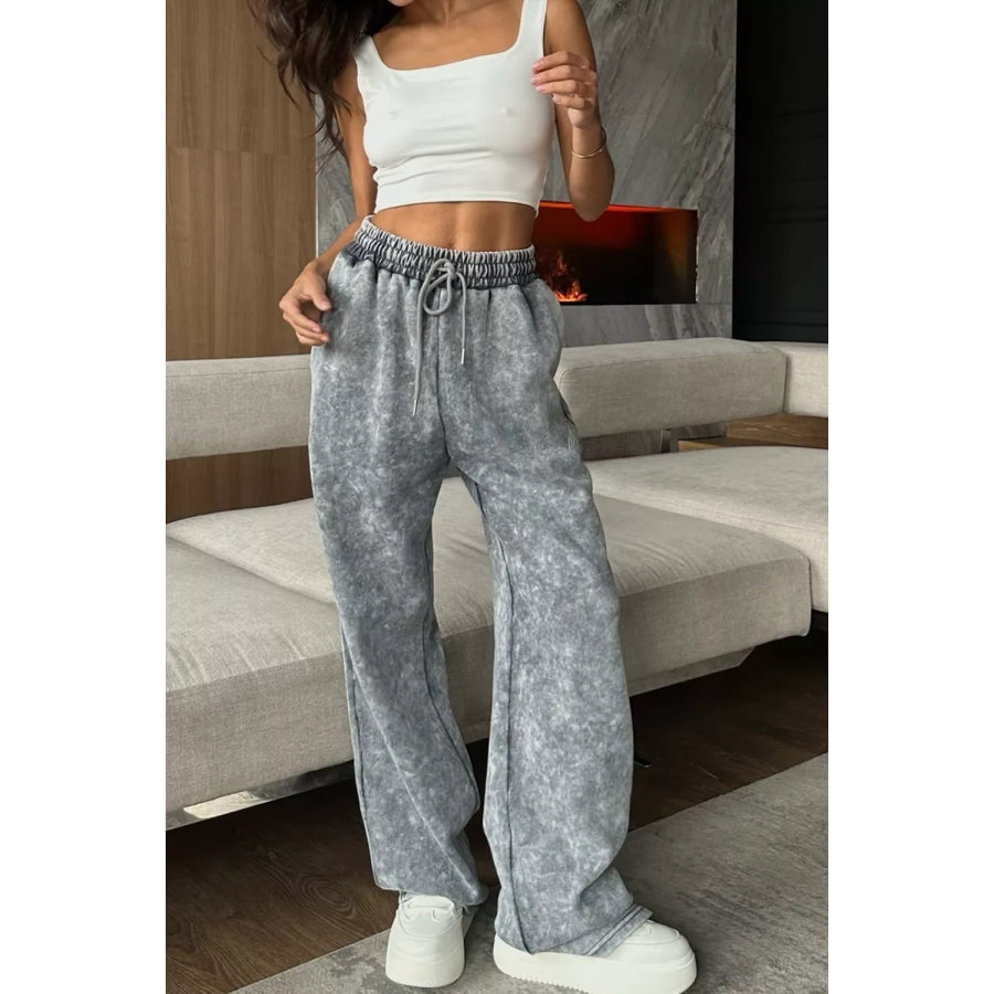 Acid Wash Zip-Up Hoodie and Wide-Leg Sweatpants Set Apparel Accessories