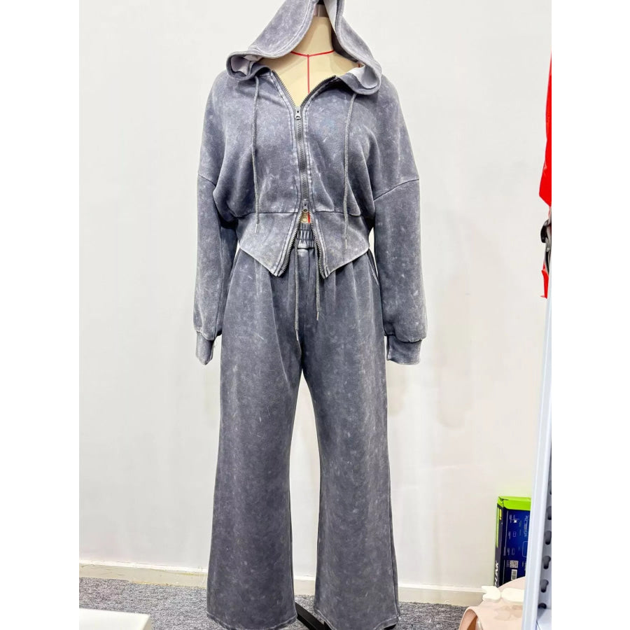 Acid Wash Zip-Up Hoodie and Wide-Leg Sweatpants Set Dark Gray / S Apparel Accessories