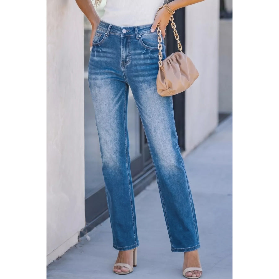 Acid Washed Straight Leg Full Length Casual Jeans Apparel and Accessories