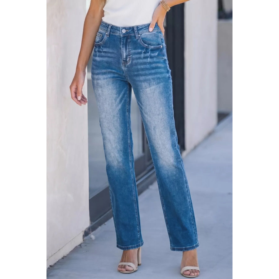 Acid Washed Straight Leg Full Length Casual Jeans Apparel and Accessories