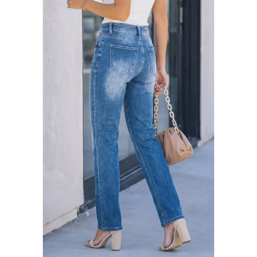 Acid Washed Straight Leg Full Length Casual Jeans Apparel and Accessories