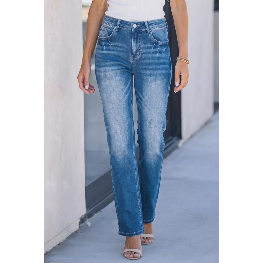 Acid Washed Straight Leg Full Length Casual Jeans Apparel and Accessories