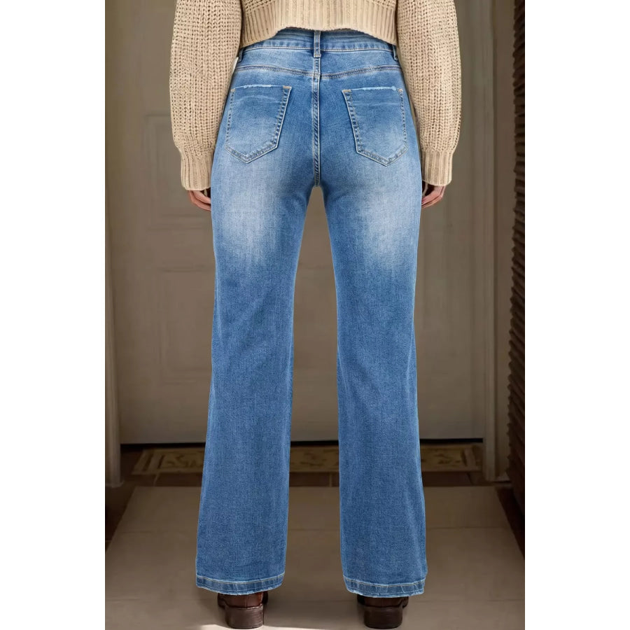 Acid Washed Straight Leg Full Length Casual Jeans Apparel and Accessories