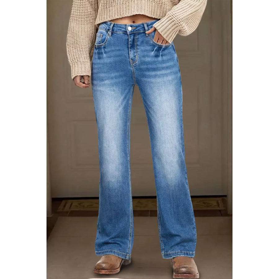 Acid Washed Straight Leg Full Length Casual Jeans Dusty Blue / 4 Apparel and Accessories