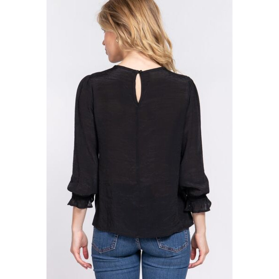 ACTIVE BASIC Crochet Lace Panel Flounce Sleeve Blouse Black / S Apparel and Accessories