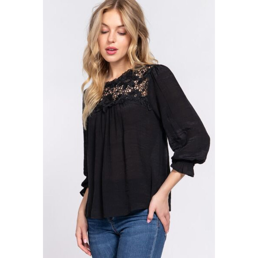 ACTIVE BASIC Crochet Lace Panel Flounce Sleeve Blouse Apparel and Accessories