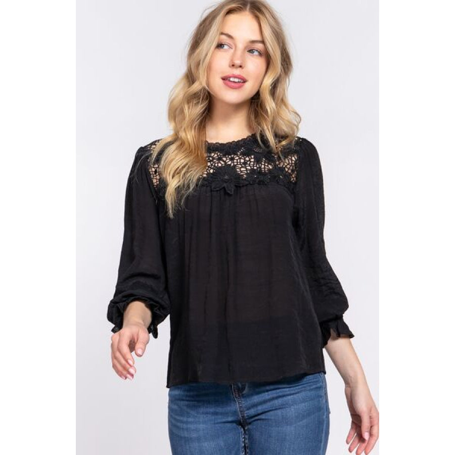 ACTIVE BASIC Crochet Lace Panel Flounce Sleeve Blouse Black / S Apparel and Accessories