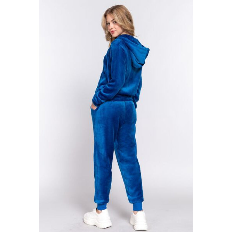ACTIVE BASIC Faux Fur Zip Up Long Sleeve Hoodie and Joggers Set DEEP BLUE / S Apparel Accessories