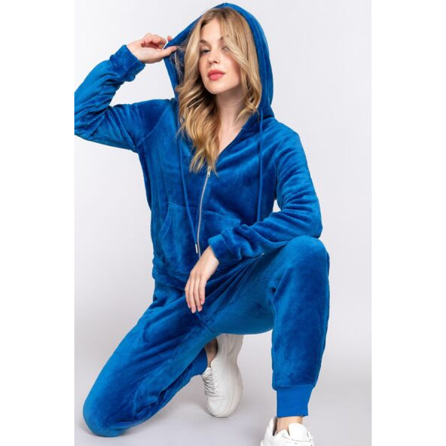 ACTIVE BASIC Faux Fur Zip Up Long Sleeve Hoodie and Joggers Set DEEP BLUE / S Apparel Accessories