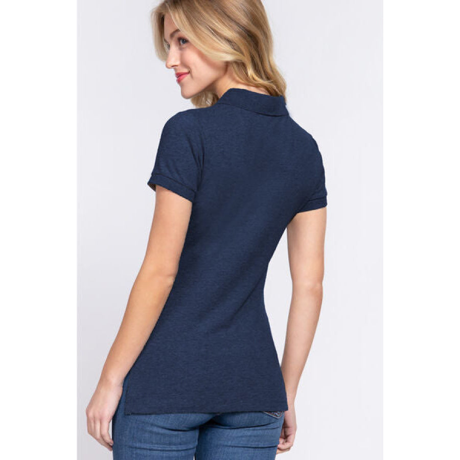 ACTIVE BASIC Full Size Classic Short Sleeve Polo Top NAVY / S Apparel and Accessories