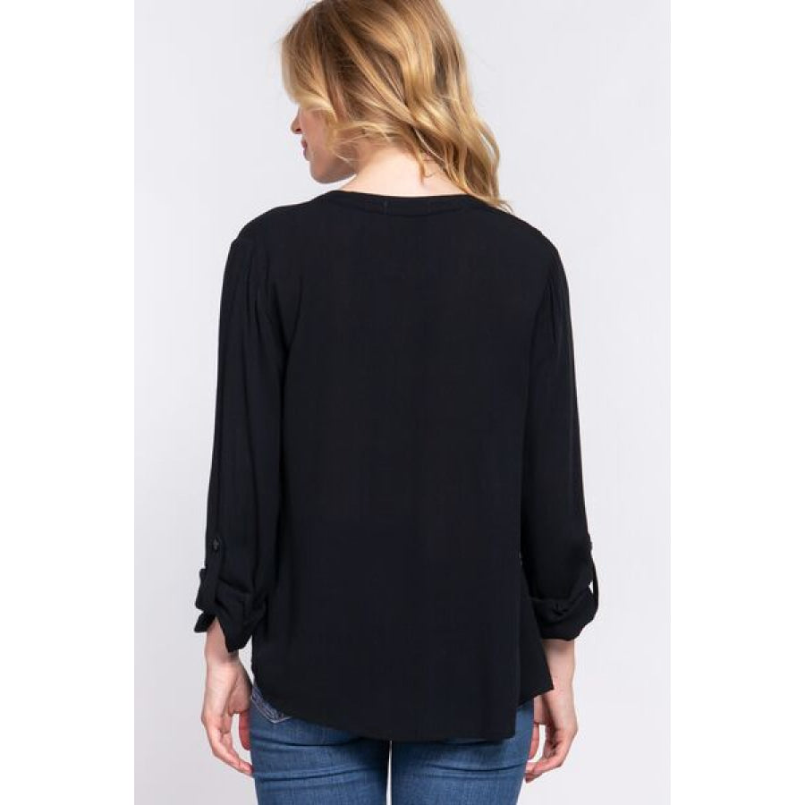 ACTIVE BASIC Full Size Notched Long Sleeve Woven Top Apparel and Accessories