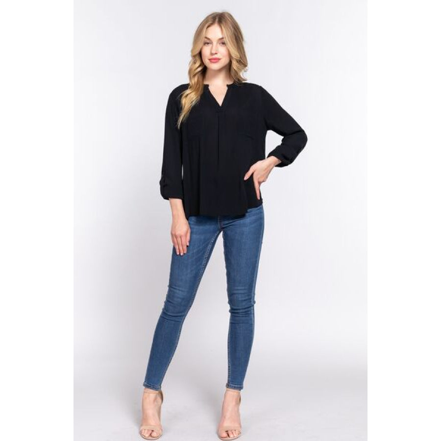 ACTIVE BASIC Full Size Notched Long Sleeve Woven Top Black / S Apparel and Accessories