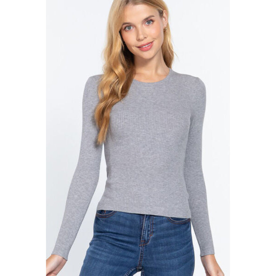 ACTIVE BASIC Full Size Ribbed Round Neck Long Sleeve Knit Top Apparel and Accessories