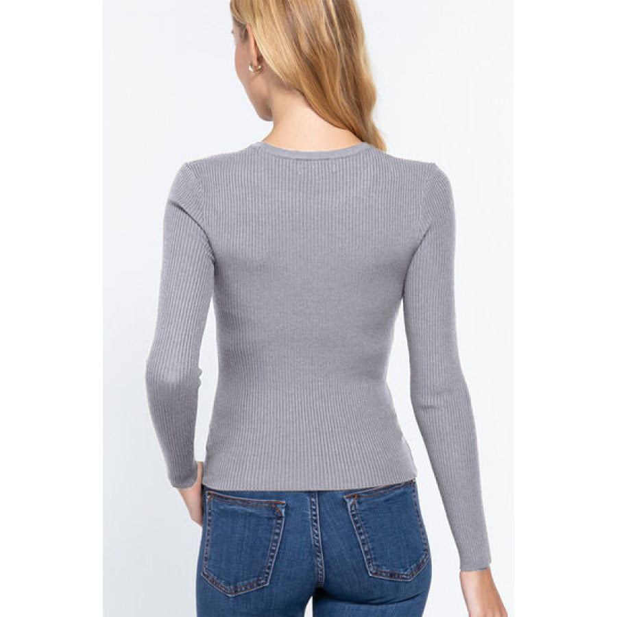 ACTIVE BASIC Full Size Ribbed Round Neck Long Sleeve Knit Top Apparel and Accessories