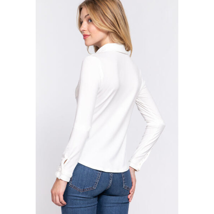 ACTIVE BASIC Long Sleeve Front Pocket DTY Brushed Shirt Apparel and Accessories