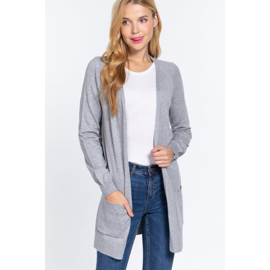 ACTIVE BASIC Open Front Long Sleeve Cardigan Heather Gray / S Apparel and Accessories