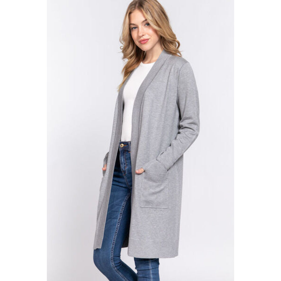 ACTIVE BASIC Open Front Rib Trim Long Sleeve Knit Cardigan Apparel and Accessories