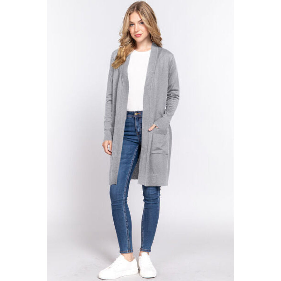 ACTIVE BASIC Open Front Rib Trim Long Sleeve Knit Cardigan Apparel and Accessories