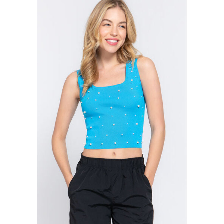 ACTIVE BASIC Pearl Detail Square Neck Cropped Tank Aquablue / S Apparel and Accessories